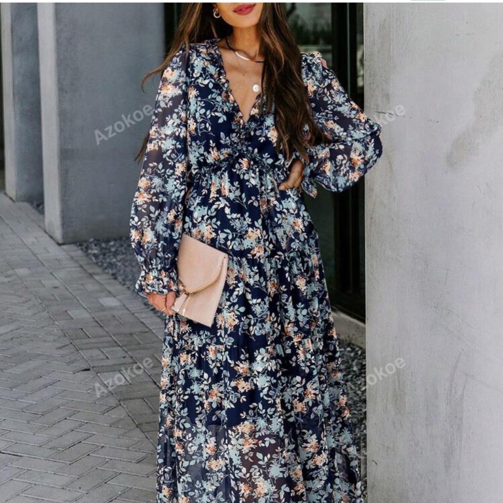 Floral Maxi Dress - Navy and Peach